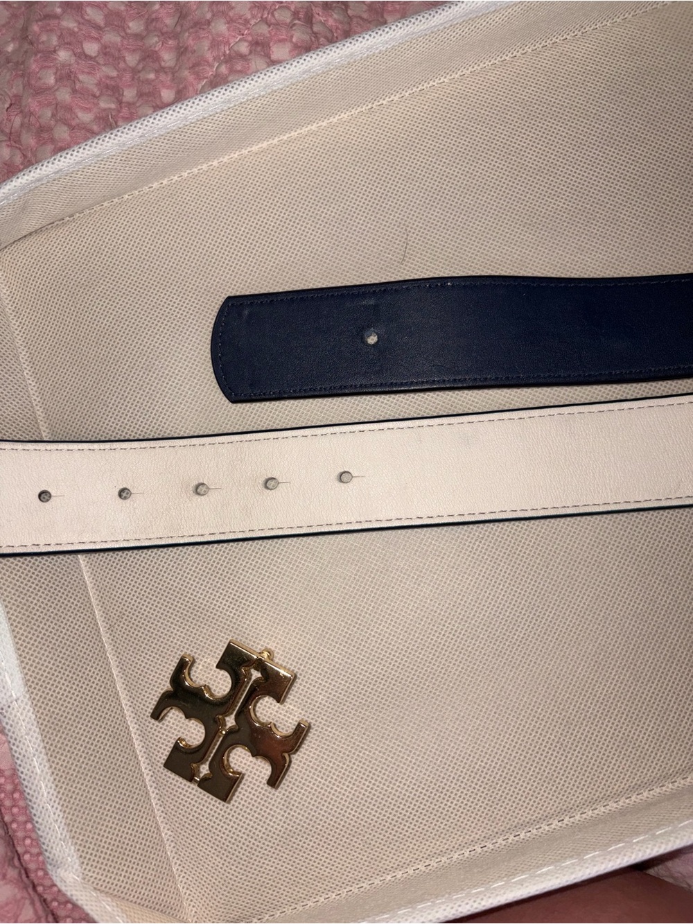 Tory Burch Navy Leather Belt with Gold Logo Buckle - Picture 7 of 12
